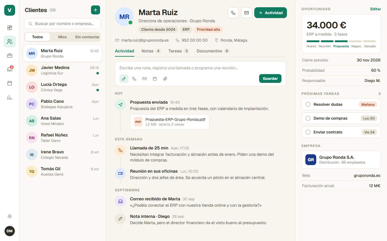 Ejemplo de CRM con lista de clientes, ficha con cronología de actividad y datos de la oportunidad