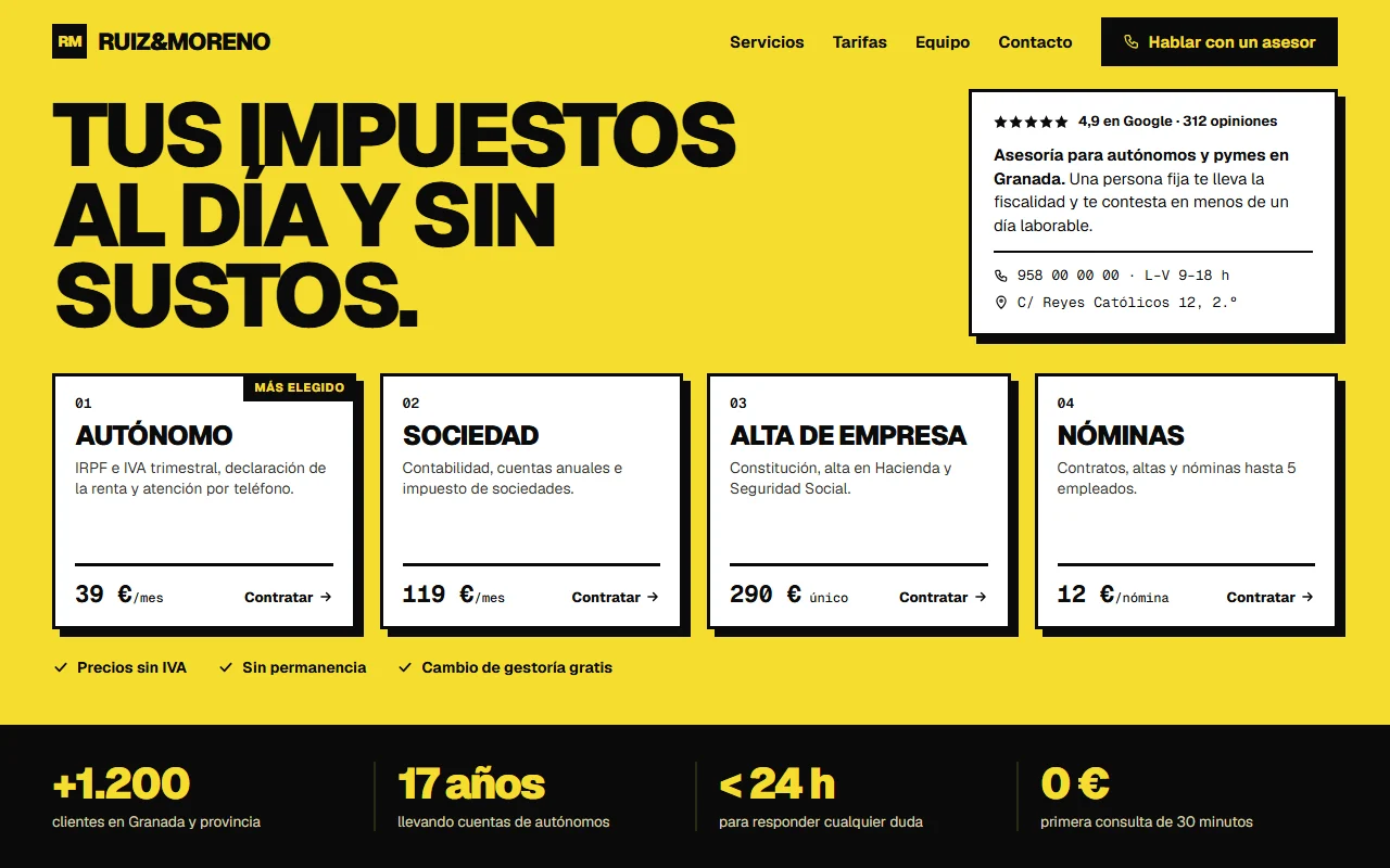 Ejemplo de landing de una asesoría fiscal en amarillo con tarjetas de tarifas y precios