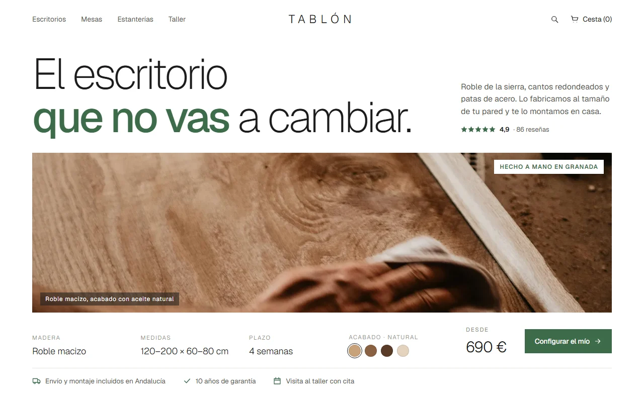 Ejemplo de landing minimalista de un taller de mobiliario con banda fotográfica de roble, medidas y precio